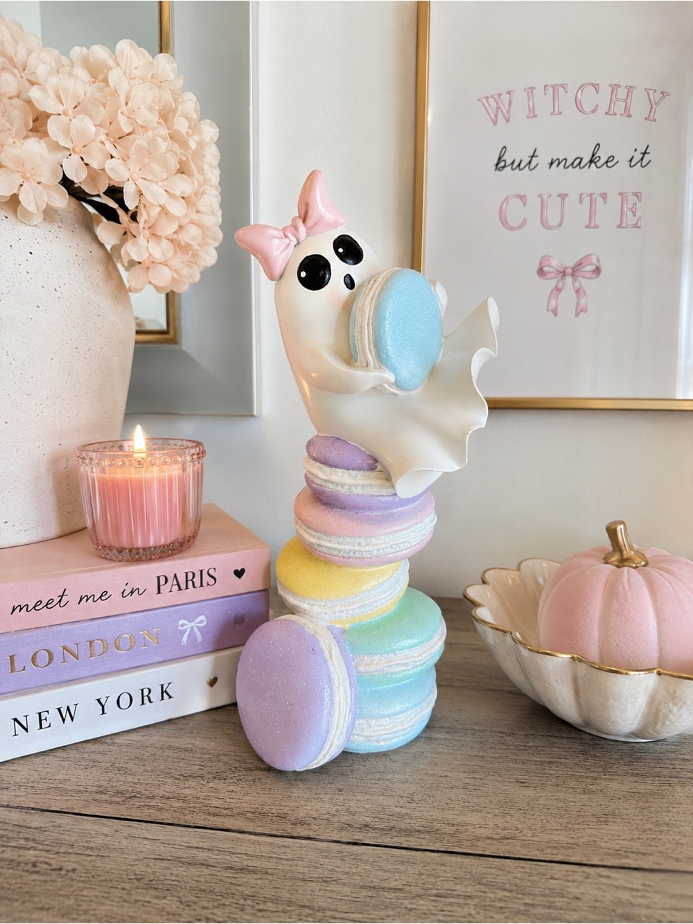 Pastel Ghost Macaron Stack Halloween Figurine Pink Bow Whimsical Decor
